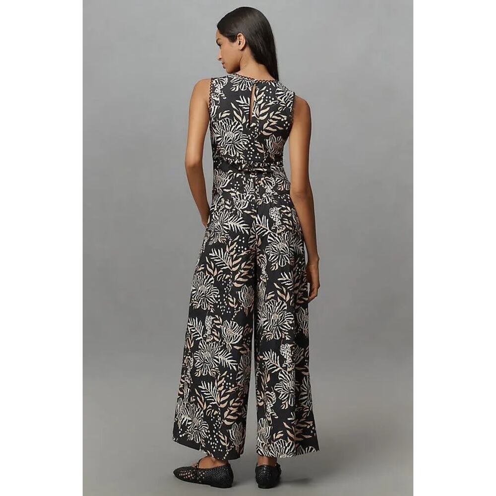 Farm Rio Anthropologie Printed V-Neck Jumpsuit Wide Leg Floral Birds Size L NWT - Picture 2 of 10